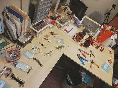 A large and cluttered desk is shown, with stacks of connecting wires, electrical components, 3D printed pieces, and tools to assemble the electronics into controllers.