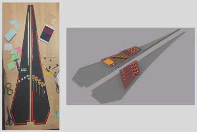 Two images side to side. On the left, a paper prototype in the shape of two panels matching the soundboard of a harp, with cut out buttons and other controls attached. On the left is a 3D CAD model of the same layout in a semi-realistic image.