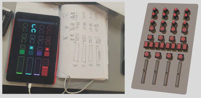 Two images side by side. On the left is a notebook with a sketched GUI containing buttons, knobs and sliders. Next to it is an iPad with the same GUI displayed on the screen. The righthand image is the same GUI represented as a semi-realistic 3D CAD image.