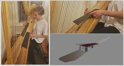 There are three images. On the left, A woman sits at a harp, holding two black cardboard rectangles to the harp soundboard on either side of the strings. This represents the approximate location of the controllers. The second image shows a close-up of the woman's hand holding one of the pieces of cardboard at a slight angle, making it easier for the performer to reach. The third panel shows a semi-realistic 3D CAD visualization of the finished controller housing, which has followed the same angled shape and rises up from the harp soundboard.
