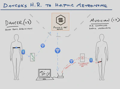 A digital drawing shows a diagram of the heart rate to tempo feedback loop. On the right, a body outline (indicating a dancer) wears a heart rate acquisition chest strap. Dotted lines show the signal flow going to a) smartphone running a biosignal broadcasting app called Pulsoid, b) to a Pulsoid.net server offsite, c) back to a local wifi access point and router, d) to a computer running the software Max for Live, e) to another smartphone running the Soundbrenner metronome app, to f) the musician wearing a Soundbrenner haptic metronome.