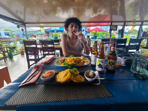 Well deserved post hike patacones (fried plantains) and local beer