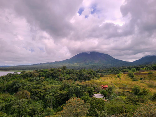 Arenal volcano shrouded in clouds